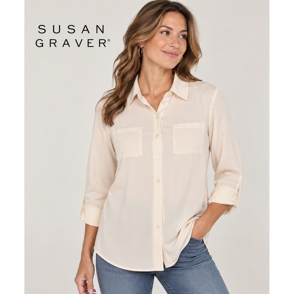 Susan Graver Womens Beige Button Front Long Sleeve Blouse Size 14 Pocket Top